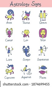 Colorful set of zodiac signs Astrology horoscope. Vector flat design cartoon icons with handwritten text naming the mascots