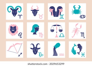 Colorful set of zodiac signs on pink background. Zodiac sign elements as a poster or wall art template. Astrology art for horoscope banners. Flat cartoon vector illustration