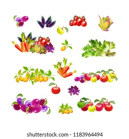 Colorful sets of ripe vegetables, green leaves of lettuce and fruit. Vector illustration.

