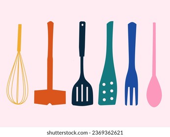 Colorful sets of silhouette kitchen tools. icon for cooking and dinning, vector illustration