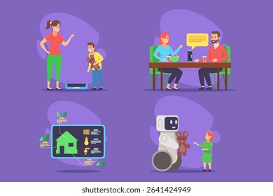 In colorful setting, collection of various robotic themes. Child with toy robot, adults discussing technology, and robot aiding girl