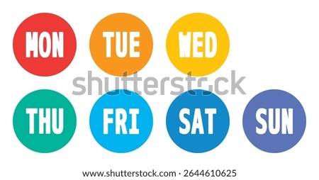 colorful seven week days bullet points, from monday to sunday solid round markers, vector infographics elements