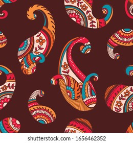 Colorful Seventies Retro Outline Hand Drawn Paisley Vector Seamless Pattern. Bright Flower Power Feminine Whimsical Classic Textile Print