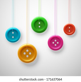 Colorful sewing buttons hanging on threads, eps 10