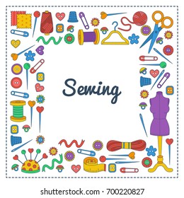 Colorful Sewing Doodle Icons Square Border Decorative Vector Frame
