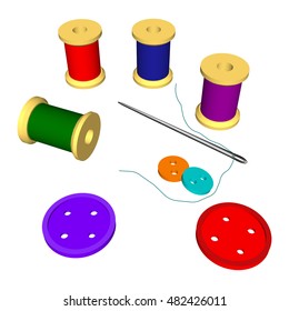 Colorful sewing kit, buttons, thread and needle. Accessories for seamstresses and tailors. Vector illustration on a white background. 