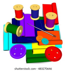 Colorful sewing kit, buttons, thread, needle and fabric. Accessories for seamstresses and tailors. Vector illustration on a white background. 