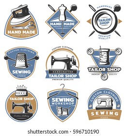 Colorful sewing labels set with tailor equipment tools and accesories in vintage style isolated vector illustration