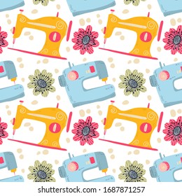 Colorful sewing machines and flowers, seamless pattern