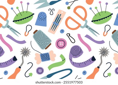 Colorful sewing pattern, vector illustration with needlework tools, flat cartoon design. Background with scissors, thread, needles, buttons, and ribbons. Perfect for craft, tailoring, creative project