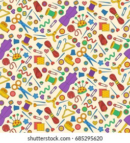 Colorful sewing tools workshop accessories of dress making seamless vector pattern