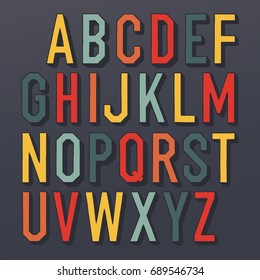 Colorful shadowed retro font. Multi colored letters on dark background. Sans serif type. Decorative vector alphabet