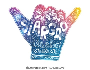 Colorful shaka hand symbol with graphic and lettering inside about Siargao island