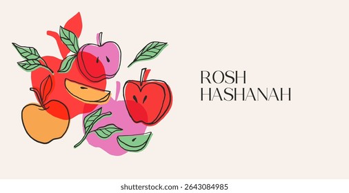 Colorful Shanah Tova banner with hand drawn apples. Vintage vector background for Jewish New Year, Rosh Hashanah. 