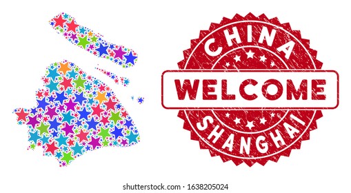 Colorful Shanghai City map composition of stars, and distress rounded red WELCOME stamp. Abstract territory scheme in colorful shades. Vector Shanghai City map is created of colorful stars.