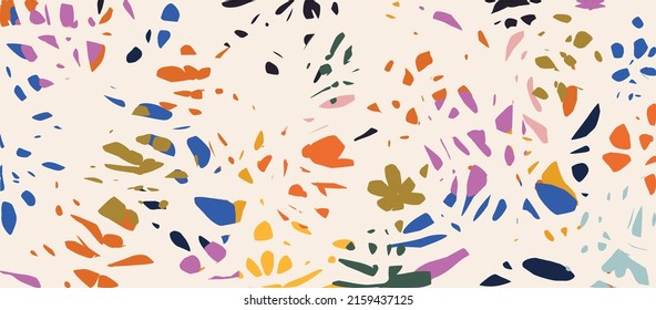 La forma colorida fragmenta el patrón sin soldadura. Formas orgánicas, recortes aleatorios y pequeñas piezas, ilustración de vectores de arte abstracto decorativo