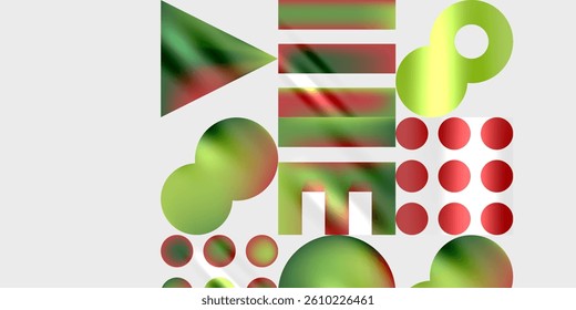 Colorful shapes, circles, rectangles, triangle. Gradient colors, red, green, yellow. Abstract composition, modern design, simple forms.