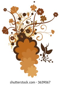 Colorful shapes with an exotic bird, and floral and grunge details, designed in beige and brown colors.
