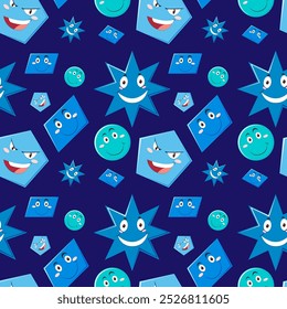 Colorful shapes with expressive faces on blue background