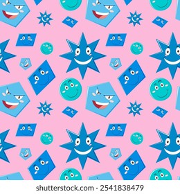 Colorful shapes with expressive faces on pink background