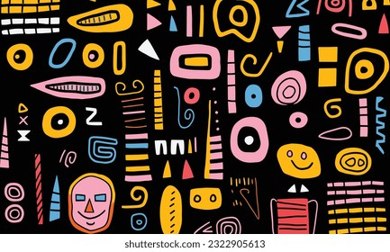 colorful shapes on black background, in the style of minimalist brush work, stripes and shapes, whimsical doodles, rectangular fields, contrasting colors, cute and colorful, african influence