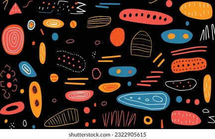 colorful shapes on black background, in the style of minimalist brush work, stripes and shapes, whimsical doodles, rectangular fields, contrasting colors, cute and colorful, african influence