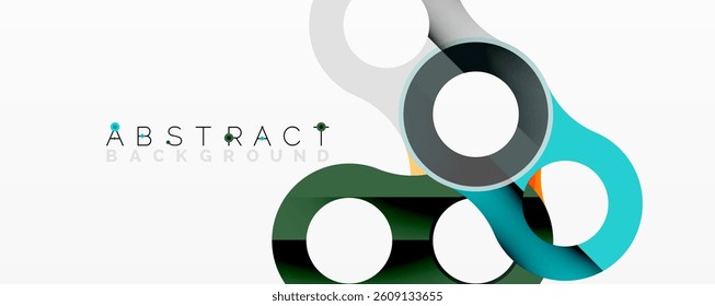Colorful shapes overlap creating modern design. Circles, lines, curves form abstract composition. Minimalist style, vibrant hues, dynamic arrangement.