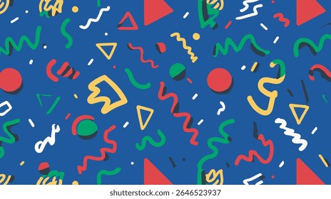 Colorful shapes scatter randomly across a deep blue abstract background.