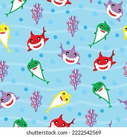 colorful shark seamless repeat pattern, animal sea background