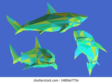 Colorful Shark. Set of Playful Vibrant Great White Sharks on Isolated Background. Low Poly Vector 3D Rendering