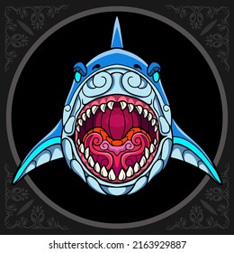 Colorful shark zentangle arts. isolated on black background.