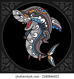 Colorful shark zentangle arts isolated on black background.