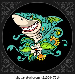 Colorful shark zentangle arts isolated on black background.