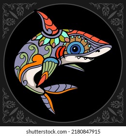 Colorful shark zentangle arts isolated on black background.