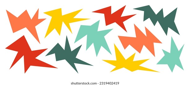 Colorful sharp asymmetric shapes set. Abstract geometric edgy elements collection. Irregular angular forms for banners, collages, posters, stickers, decoration. Design bundle vector. 