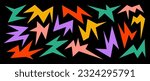 Colorful sharp irregular shapes on dark background. Abstract bright geometric edgy elements collection. Asymmetric angular forms for banners, collages, posters, stickers. Design bundle vector.
