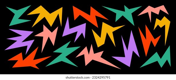 Colorful sharp irregular shapes on dark background. Abstract bright geometric edgy elements collection. Asymmetric angular forms for banners, collages, posters, stickers. Design bundle vector.
