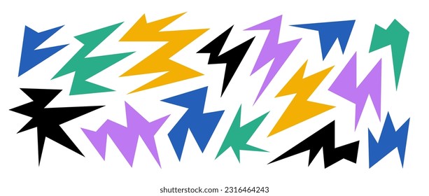 Colorful sharp irregular shapes set. Abstract geometric edgy elements collection. Asymmetric angular forms for banners, collages, posters, stickers. Design bundle vector. 