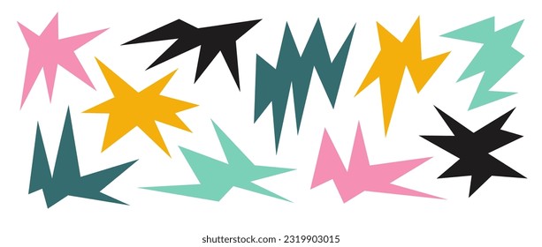 Colorful sharp irregular shapes set. Abstract geometric edgy elements collection. Asymmetric angular forms for banners, collages, posters, stickers, decoration. Design bundle vector. 