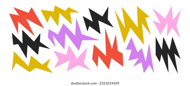 Colorful sharp irregular shapes set. Abstract bright geometric edgy elements collection. Asymmetric angular forms for banners, collages, posters, stickers, templates. Design bundle vector. 