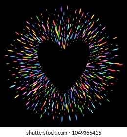 Colorful sharp oval sequins glitter round ring background heart. Firework burst vector illustration. Good for luxury poster banner advertising design.
