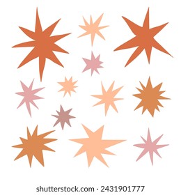 Colorful sharp shapes collection. Boho irregular sparks and twinkles set. Abstract edgy sparkles and stars element pack. Asymmetry angular forms bundle for banner, collage, poster, sticker. Vector