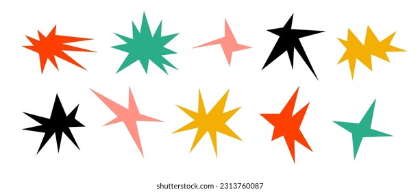Colorful sharp shapes collection. Bright irregular sparks and twinkles set. Abstract edgy sparkle and stars elements pack. Asymmetry angular forms bundle for banner, collage, poster, sticker. Vector 