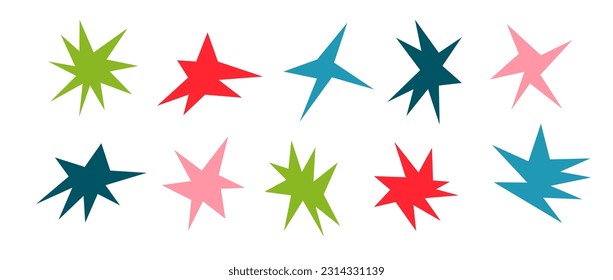 Colorful sharp shapes collection. Bright irregular sparks and twinkles set. Abstract edgy sparkle and stars elements pack. Asymmetry angular forms bundle for banner, collage, poster, sticker. Vector 