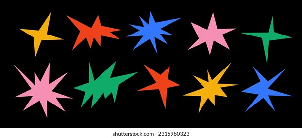 Colorful sharp shapes collection. Bright irregular sparks and twinkles set. Abstract edgy sparkles and stars element pack. Asymmetry angular forms bundle for banner, collage, poster, sticker. Vector  svg