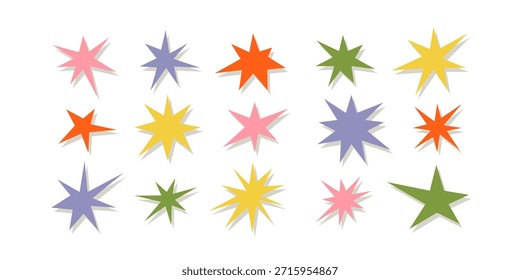 Colorida colección de Formas afiladas. Brillantes chispas irregulares y centelleos. Abstractas brillo nervioso y estrellas Elementos pack. Paquete de formas angulares asimétricas para Anuncios, collages, carteles, pegatinas