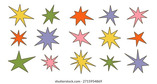 Colorida colección de Formas afiladas. Brillantes chispas irregulares y centelleos. Abstractas brillo nervioso y estrellas Elementos pack. Paquete de formas angulares asimétricas para Anuncios, collages, carteles, pegatinas