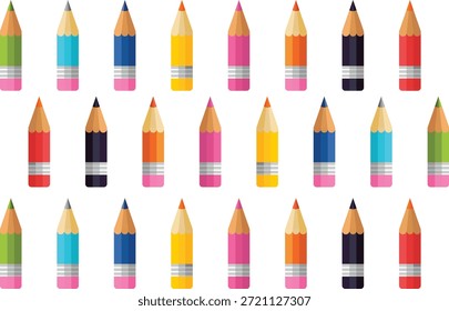 Lápices afilados de colores dispuestos en filas que muestran varios tonos y texturas de madera