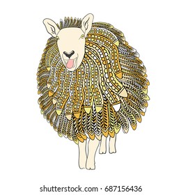 Colorful sheep with ethnic doodle pattern. Zentangle inspired pattern for anti stress coloring book pages for adults and kids.