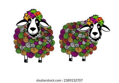 The colorful sheep is funny. hand drawing. Not AI, Vector illustration